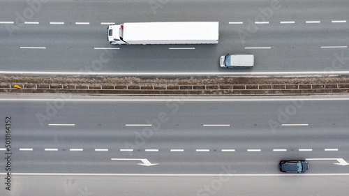 Aerial view of truck moving on the road