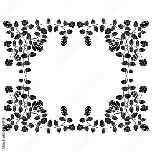 Rectangular botanical frame or background with branch of strawberry plant with leaves, berries and flowers. Vintage style. Black and white negative silhouette.