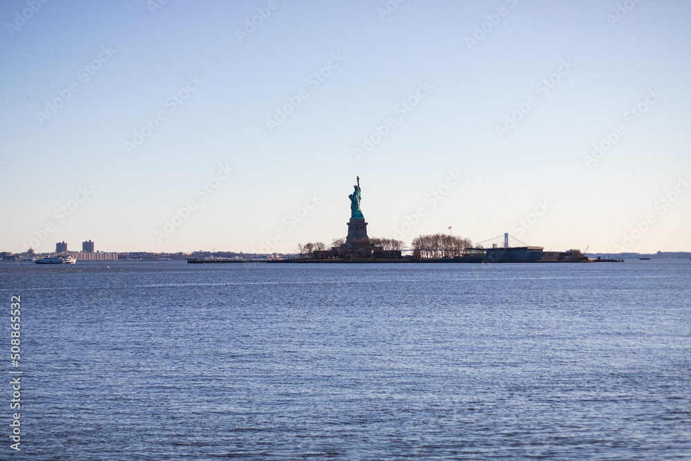 Jersey City, New Jersey, USA - December 22 2021: Statue of Liberty. View from Statue of Liberty State Park. 