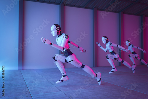 Fast speed technology concept with cyborg running in competition