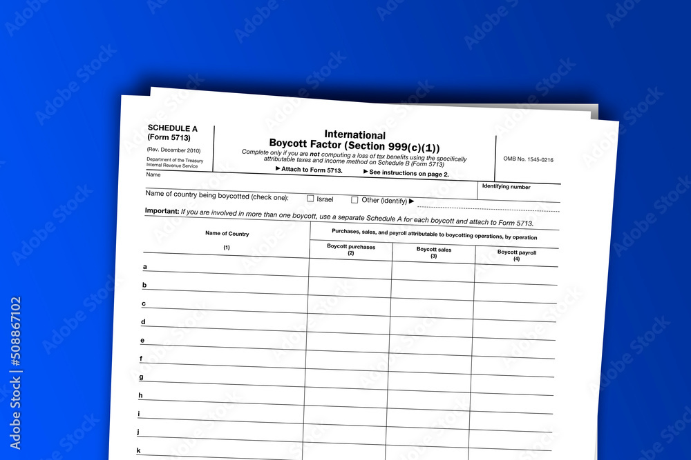 Form 5713 (Schedule A) documentation published IRS USA 07.17.2012. American tax document on colored Form 5713 (Schedule A) documentation published IRS USA 07.17.2012. American tax document on colored