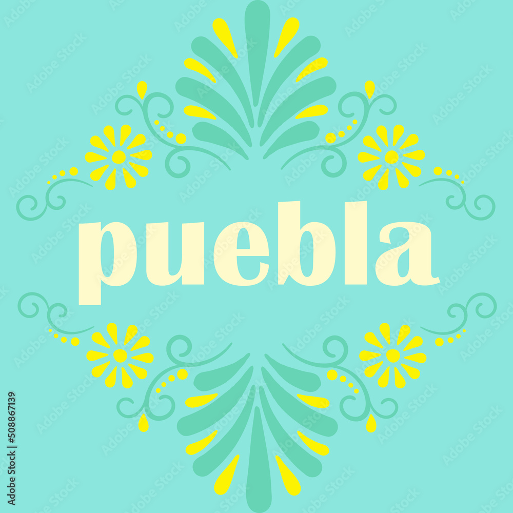 City of Puebla inside simple floral framing on turquoise square tile