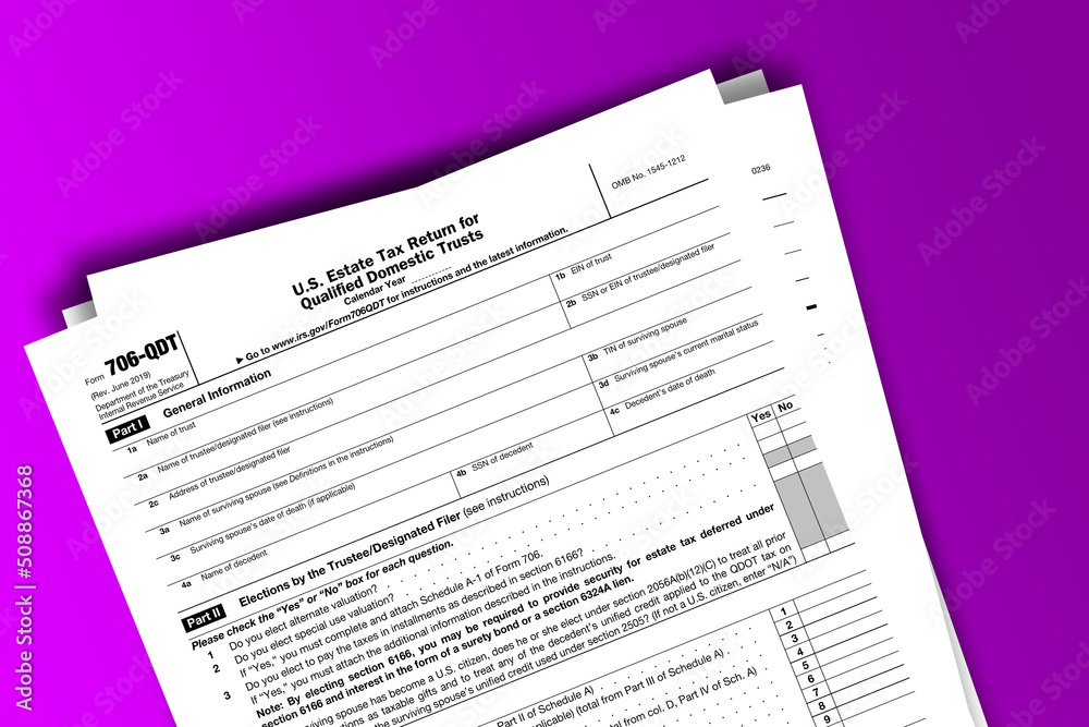 Form 706-QDT documentation published IRS USA 43775. American tax document on colored Form 706-QDT documentation published IRS USA 43775. American tax document on colored