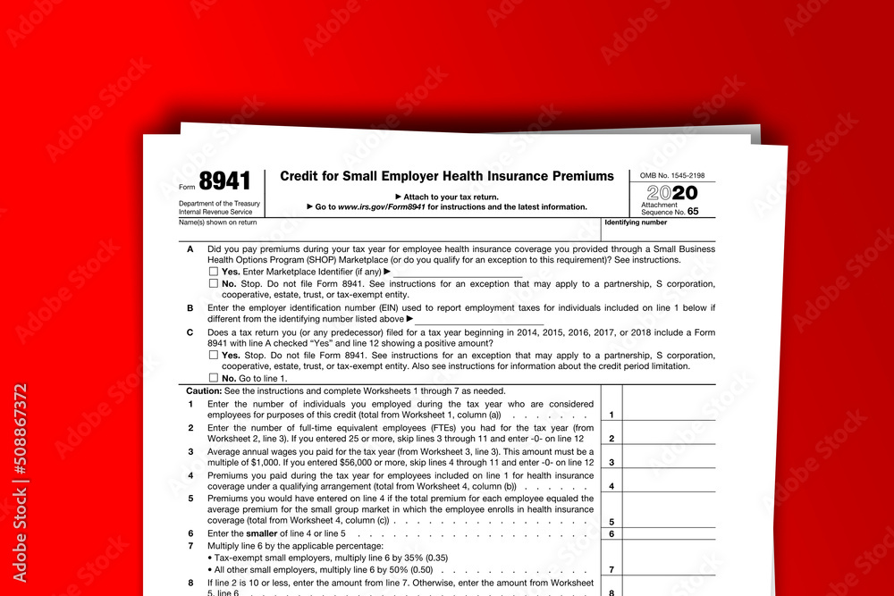 Fototapeta premium Form 8941 documentation published IRS USA 43902. American tax document on colored