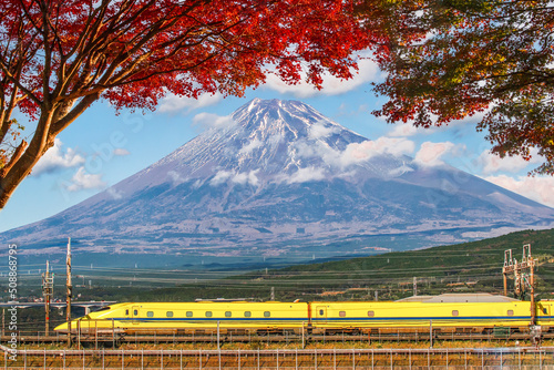 Slika na platnu High Speed Bullet Train with Fuji mountain background in autumn ,  Shizuoka, Jap
