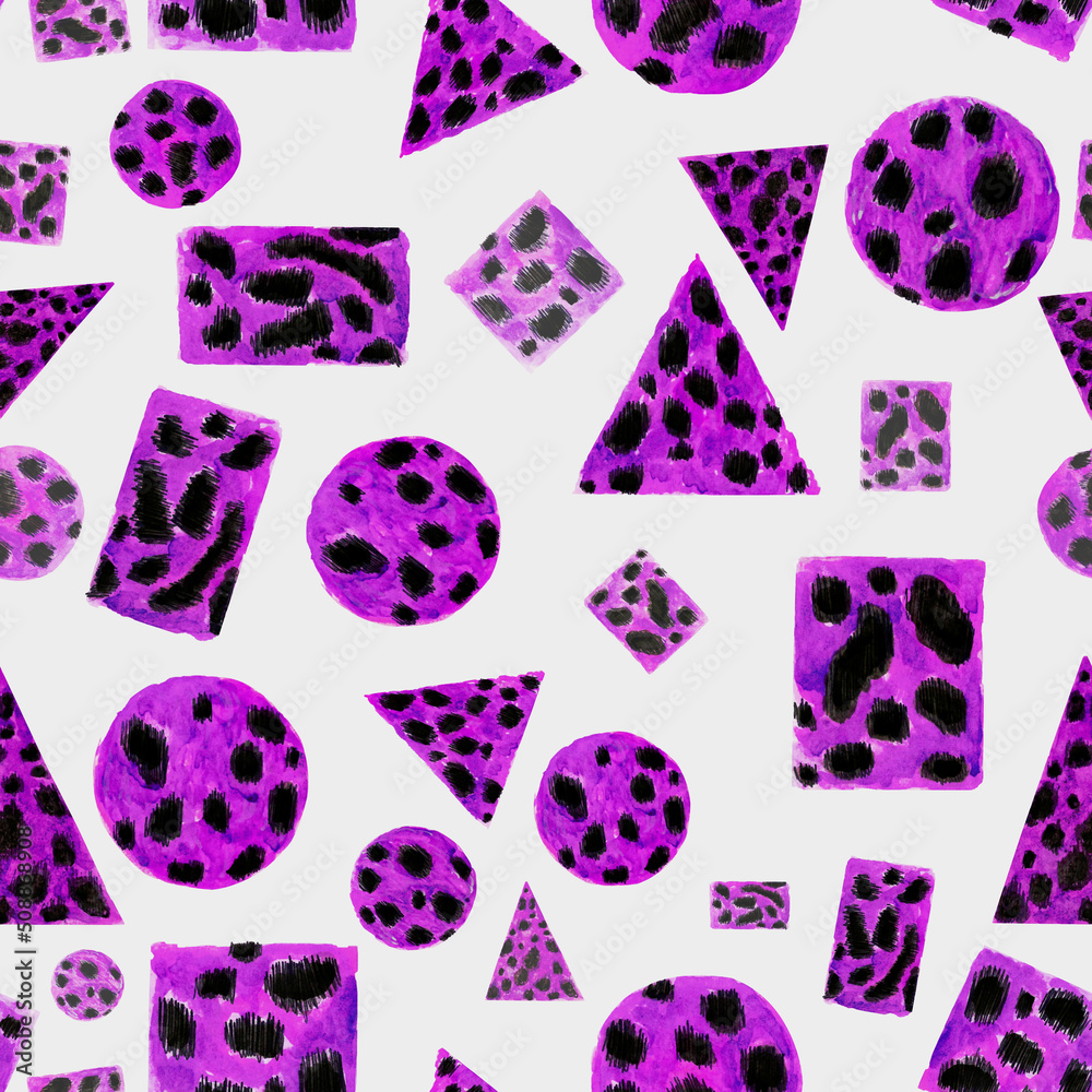 Watercolor pattern pink cheetah fur geometry in square, triangle and circle on white background for your seamless design, hand drawn illustration Watercolor pattern pink cheetah fur geometry in square, triangle and circle on white background for your seamless design, hand drawn illustration