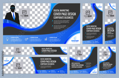 Set of Blue Web banners templates, Coverpage Standard sizes with space. Vector illustration