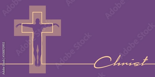 Christianity concept illustration. Cross with human silhouette and Christ word