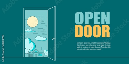Open door leading to suburban landscape. Concept of freedom and future. Real estate business