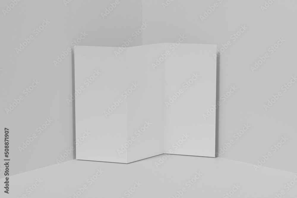 Fototapeta premium Realistic blank trifold brochure illustration for mockup. 3D Render.