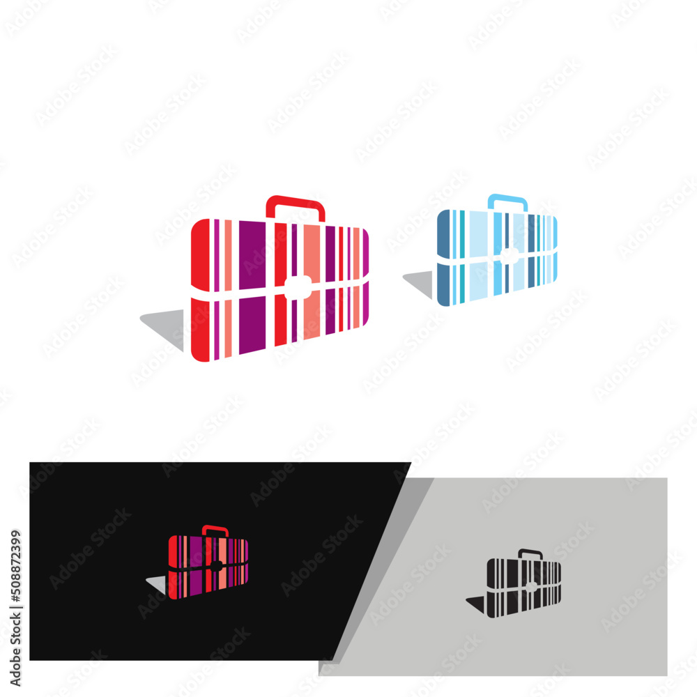 colorful suitcase with stripes logo or pictogram in red and blue color