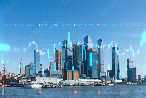 New York City skyline from New Jersey over Hudson River towards the Hudson Yards at day. Manhattan, Midtown. Forex graph hologram. The concept of internet trading, brokerage and fundamental analysis