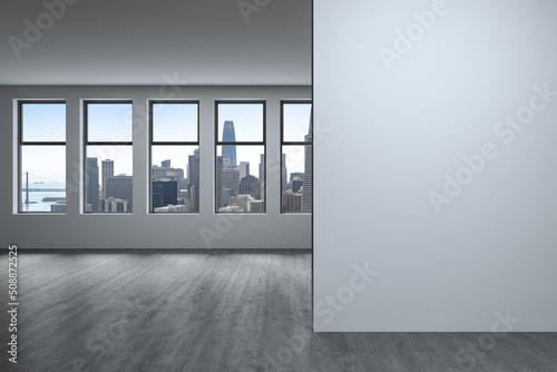 Downtown San Francisco City Skyline Buildings from High Rise Window. Beautiful Expensive Real Estate overlooking. Empty room Interior. Mockup wall. Skyscrapers Cityscape. Day. California. 3d rendering