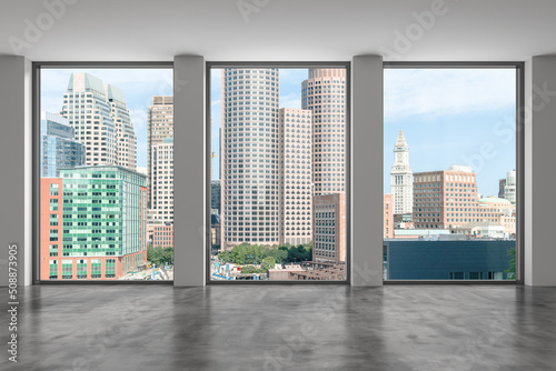 Panoramic picturesque city view of Boston at day time from modern empty room, Massachusetts. An intellectual, technological and political center. 3d rendering.