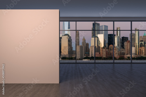 Downtown New York City Lower Manhattan Skyline Buildings. High Floor Window. Mock up wall. Real Estate. Empty room Interior Skyscrapers View Cityscape. Financial district. SUNSET. 3d rendering.