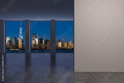 Downtown New York City Lower Manhattan Skyline Buildings. High Floor Window. Mock up wall. Real Estate. Empty room Interior Skyscrapers View Cityscape. Financial district. Night. 3d rendering.