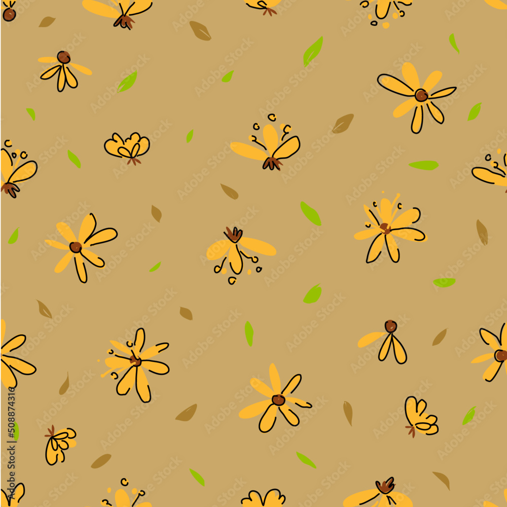 Hand drawn cute floral small seamless pattern for fashion prints decoration, fabric, wallpaper and all prints on background earth tone color.