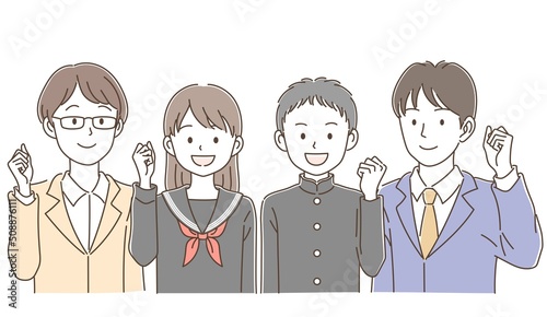 ガッツポーズをしている先生と制服姿の生徒