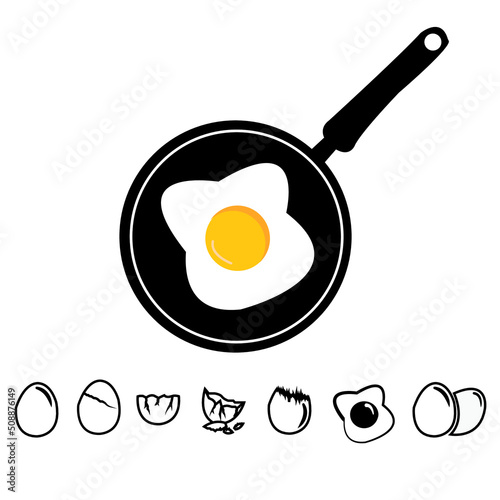 Frying eggs on frying pan. Omelet and frying pan on a white background