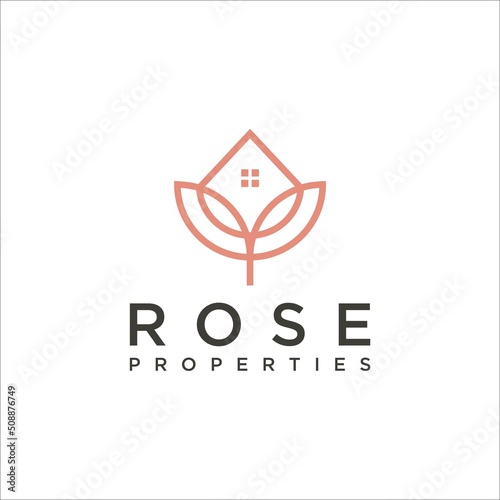 Rose Flower, House Building and Leaves for Property and Real Estate with Luxury Logo