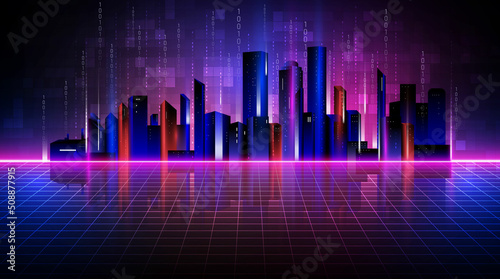 Metaverse, virtual reality, augmented reality and blockchain technology, user interface 3D experience. Word metaverse with smart city in futuristic environment background.