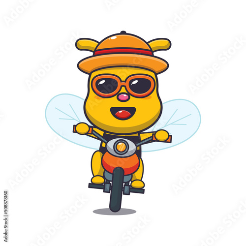 Cool bee cartoon mascot character ride motocycle in summer day