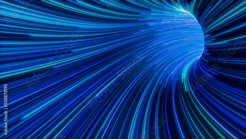Blue, Purple and Turquoise Colored Curves form Wavy Lines Tunnel. 3D Render.