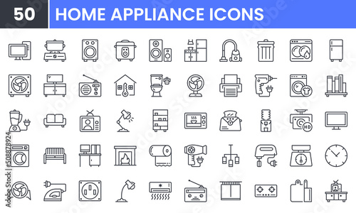Home Appliances vector line icon set. Contains linear outline icons like Household, Kitchen, Microwave, Vacuum, Mixer, Blender, Bathroom, Television, Refrigerator, Sofa, Fan . Editable use and stroke.