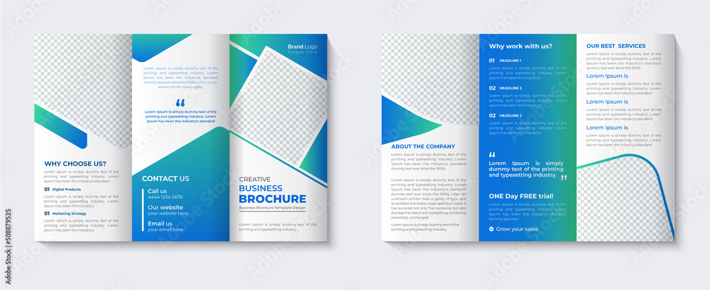 Trifold brochure template layout and booklet company profile cover page design with online annual report catalogue for business agency