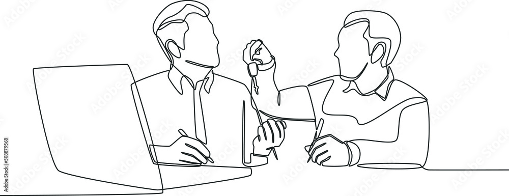 Single one line drawing manager gives the key to the client in the purchase of a home or office. Concept for business agreement. Continuous line draw design graphic vector illustration. Single one line drawing manager gives the key to the client in the purchase of a home or office. Concept for business agreement. Continuous line draw design graphic vector illustration.