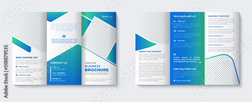 Trifold brochure template layout and booklet company profile cover page design with online annual report catalogue for business agency