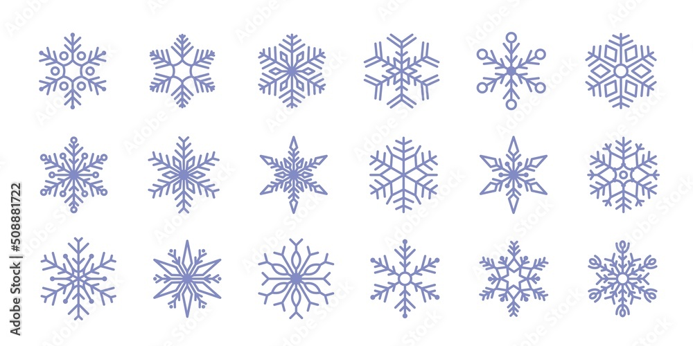 Modern snow. Christmas ornament background, ice winter backdrop, pictogram symbols, blue line snowflake icon set. Snowfall pattern. Cold season decor. Vector flat isolated illustration
