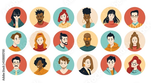 People face avatars. User portrait of business team, diverse character of different man and woman. Young multiethnic various students face. Round icons. Vector cartoon group set