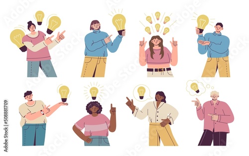 Team idea. Creative business people works on good think in company, find solution together. People with light bulbs, modern men and women brainstorming. Vector cartoon flat isolated set