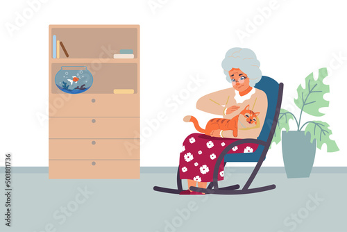 Adopted pets. People taking animals from vet clinics and dog shelters. Cartoon character with cat and goldfish. Granny sitting in rocking chair and petting kitten. Vector kitty owner
