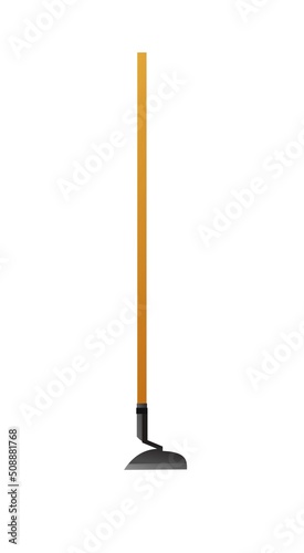 Hoe with wooden handle. Agricultural rural garden tool. Isolated on white background. Vector