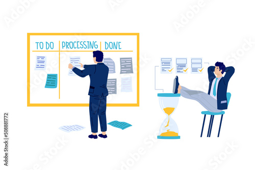 Time management. People planning office work and strategy. Tasks priority and agenda control. Kanban and hourglass. Schedule planner. Men working effective. Vector goals organization