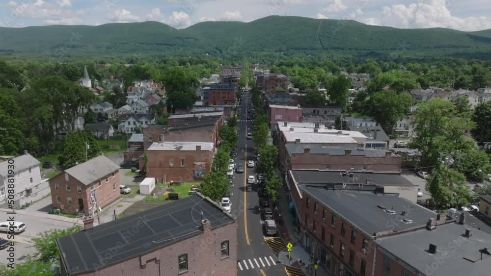 flying over Main Street in Beacon NY towards mountains flying over Main Street in Beacon NY towards mountains