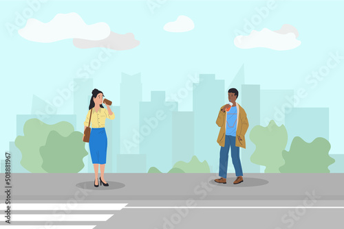 People drink. Cartoon characters with bottles drinking alcohol or carbonated beverages. Persons walking with coffee cups or cocktail glasses. City street. Vector addicted man and woman