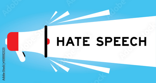 Color megaphone icon with word hate speech in white banner on blue background
