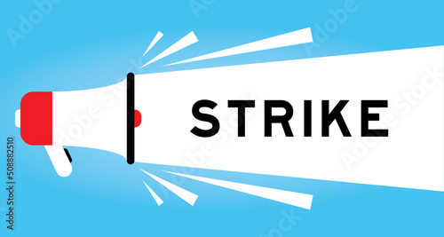 Color megaphone icon with word strike in white banner on blue background