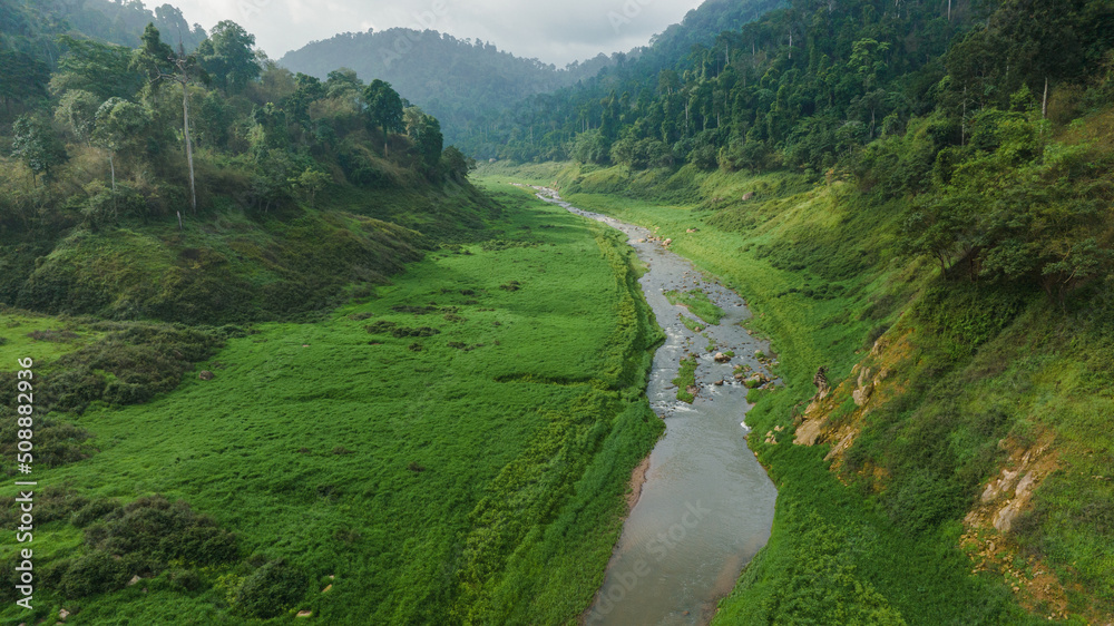 Aerial view of beautiful natural water stream and green field of grass in the wild forest mountain concept traveling and relaxing on holiday time. Aerial view of beautiful natural water stream and green field of grass in the wild forest mountain concept traveling and relaxing on holiday time.