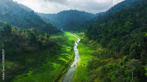 Fototapeta Naklejka Na Ścianę i Meble -  Aerial view of beautiful natural water stream  and green field of grass in the wild forest mountain concept traveling and relaxing on holiday time.