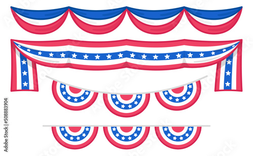 stage decoration with flag silk velvet Curtains or draperies in celebration of American Independence Day or memorial kawaii doodle flat vector illustration