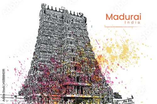 Madurai Meenakshi amman kovil temple vector illustration hand drawing south India Madurai