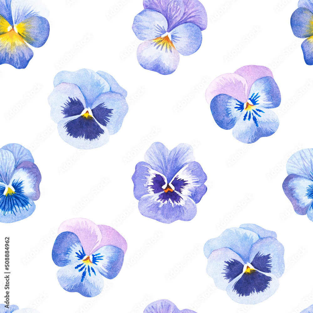 Seamless violet pattern. Pansies. Watercolor illustration. Isolated on a white background.