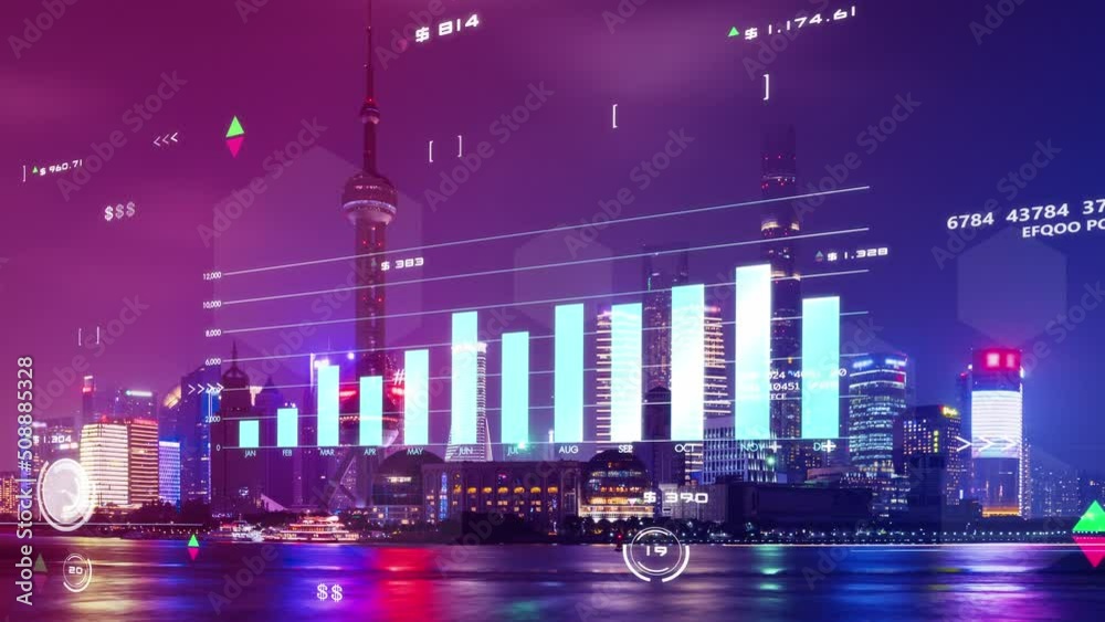 Stock exchange market blockchain, digital money, crypto currency GDP data analytics graph chart, finance business investment data with business district city building background