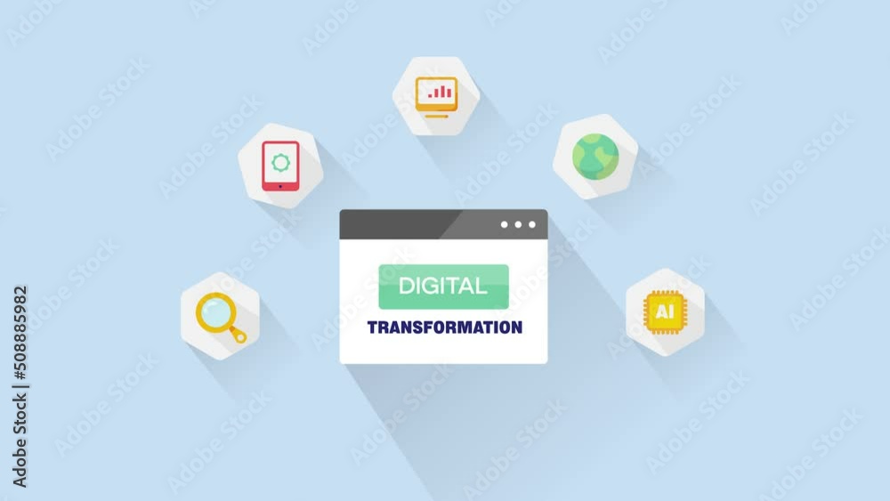 Digital transformation technology including AI, IOT, Analytics, marketing, devices - conceptual 2d animation 4k video clip. Digital transformation technology including AI, IOT, Analytics, marketing, devices - conceptual 2d animation 4k video clip.