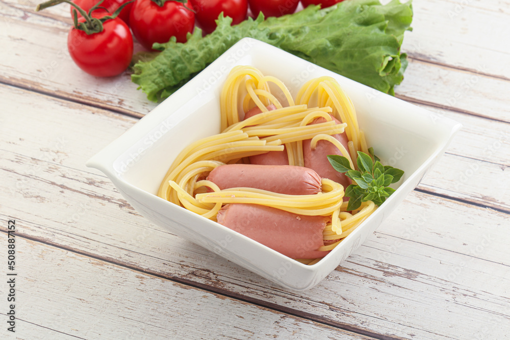 Mini sausages with pasta spaghetti Mini sausages with pasta spaghetti
