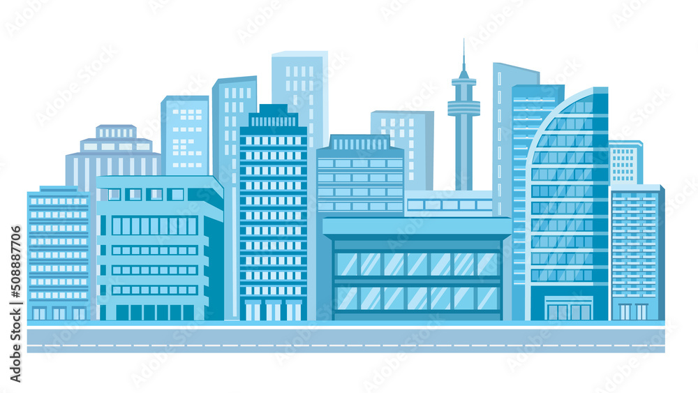 Cityscape with buildings. Office center, headquarters, shopping center and residential apartments, flat design, vector illustration.